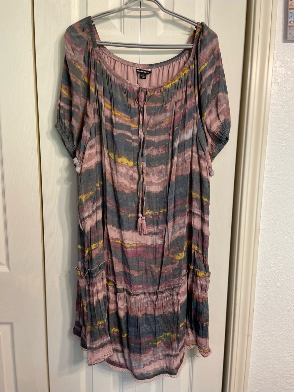 Zac & Rachel Pink, Gray & Yellow Boho Tie-Neck Tunic